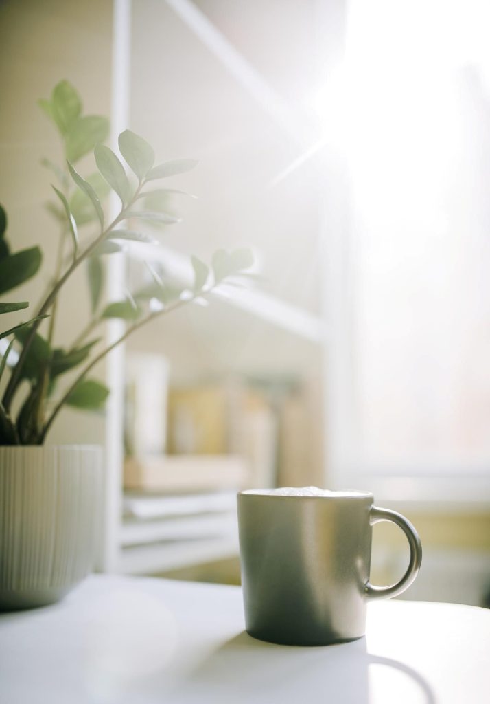 clinicalmind web images A cup of coffee stands on a table near a flowerpot with a plant in the morning window background